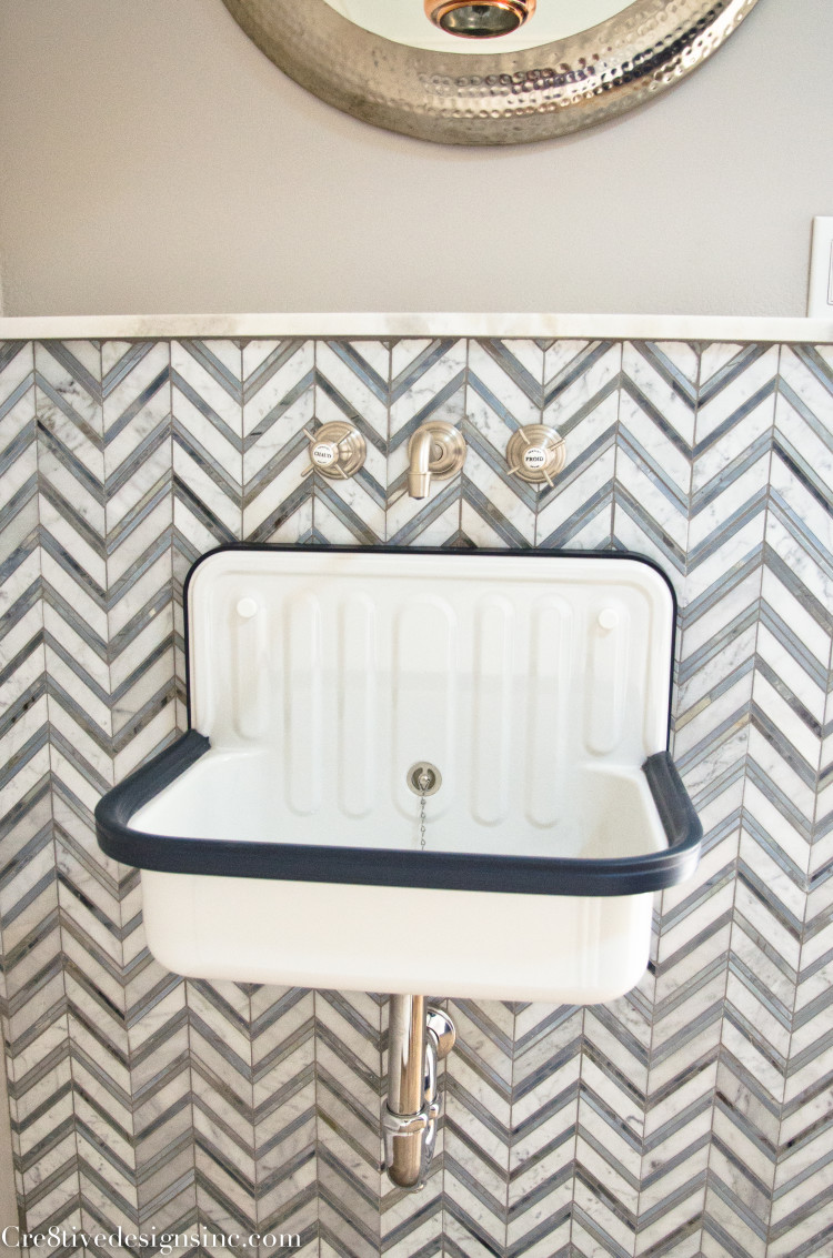 navy, white and chevron laundry room