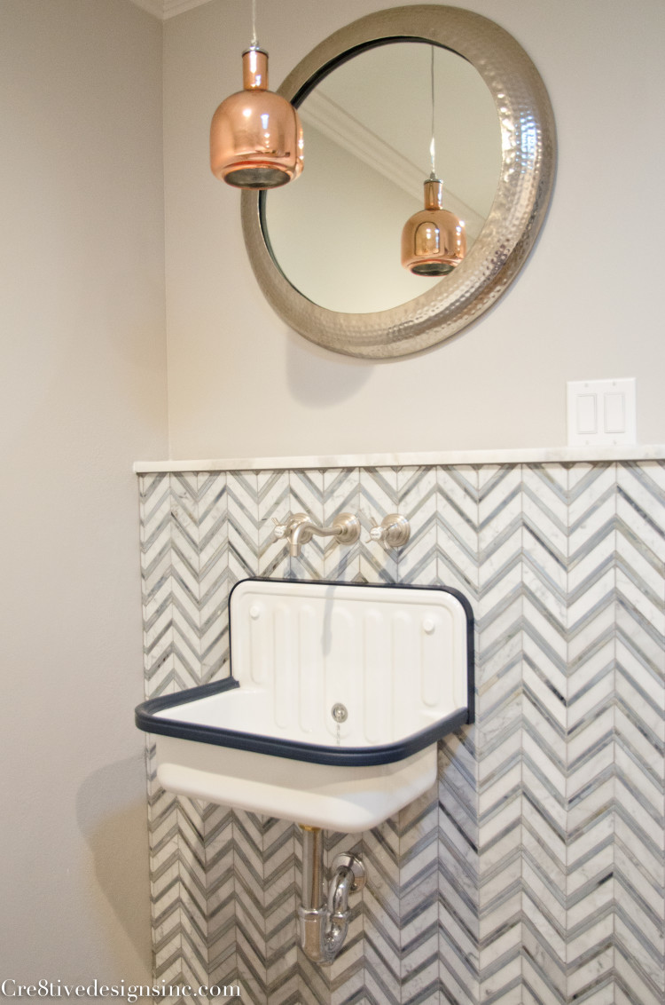 navy, white and chevron laundry room