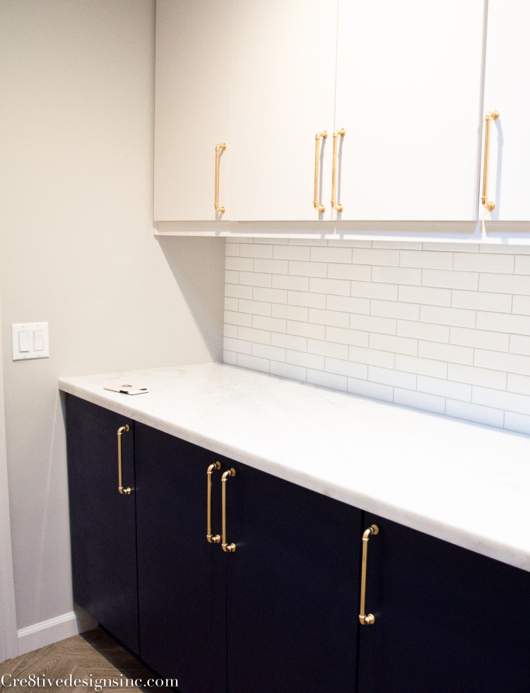 navy, white and chevron laundry room
